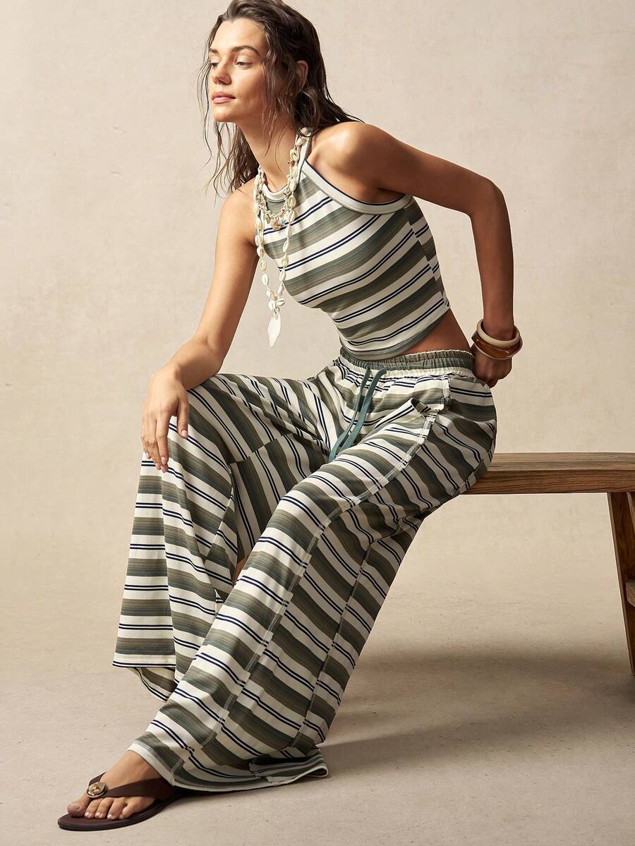 Bohemela 两件套 女士休闲条纹针织修身背心和阔腿宽松腰裤 - 綠色 - 查看 1