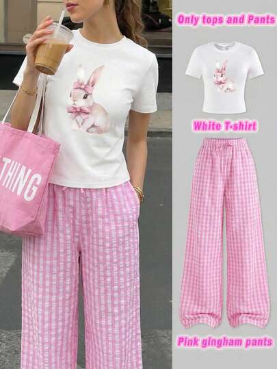 SHEIN ChillGRL Conjunto de top de manga corta con cuello redondo y estampado de cerezas con decoración de lazo minimalista blanco y pantalones cargo para adolescentes