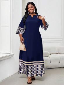 SHEIN Lady CURVE Vestido bata de talla grande con estampado de rayas clásico Huizi de manga suelta, cuello en V con muesca, para primavera, verano, otoño e invierno - Multicolor - Ver 5