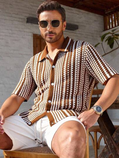 Manfinity RSRT Men's Casual Striped Button Short Sleeve Knit Top