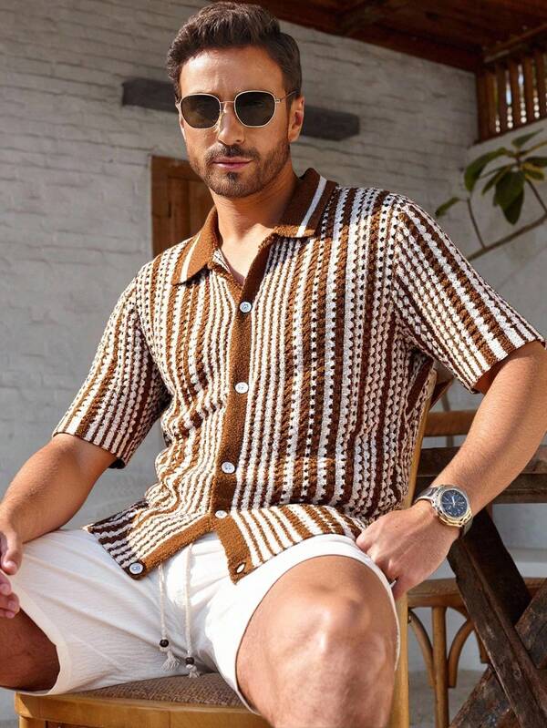 Manfinity RSRT Men's Casual Striped Button Short Sleeve Knit Top