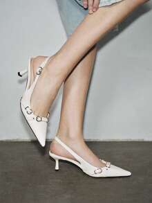 歐美風格女士尖頭細高跟鞋，配窄帶，蘑菇釘裝飾，帶扣及朋克元素，適合搭配搖滾音樂及其他節慶活動 - 白色 - 查看 3