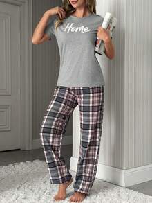 SHEIN "CozyHome" Graphic Jersey Tee And Classic Check Flannel Drawstring Pajama Set - Grey - View 3