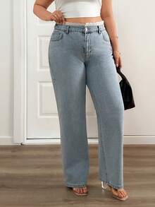 EURMUSE Plus High Waist Belt Detailed Straight Jean - Light Wash - View 5