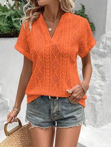 EMERY ROSE Sommer Lässig einfarbiges strukturiertes T-Shirt mit Ausschnitt und Kurzarm - Orange - Übersicht 5