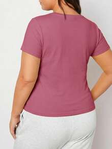 EMERY ROSE Plus Size Women's Solid Color Round Neck Short Sleeve Casual Versatile T-Shirt - Rusty Rose - View 2