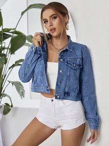 SHEIN Essnce 女士休闲百搭翻领长袖牛仔外套，适合日常穿着 - 藍色 - 查看 3