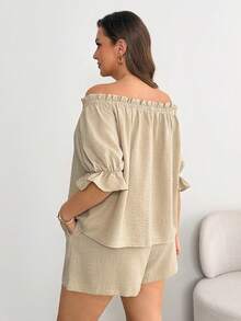 Shapeblank Plus-Size Women's Spring/Summer Fashion Casual Loose Comfortable Everyday Basic Versatile Slimming Off-Shoulder Short-Sleeved Top And Shorts Apricot Two Pieces Set,Summer Clothes,Vacation Outfits, Beach Outfits  Plus Size Off Shoulder Top 2 Piece Sets Woman Plus Summer Off The Shoulder Shirts Summer Tops Plus Size Vacation Tops Plus Size - Apricot - View 2