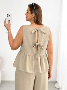 SHEIN Essnce Women's Plus Size Summer Smart Casual Khaki Two Piece Set,Everyday Back Bow Tie Top And Wide-Leg Pants,Fashion Loose Comfortable Vacation Outfits - Apricot - View 1