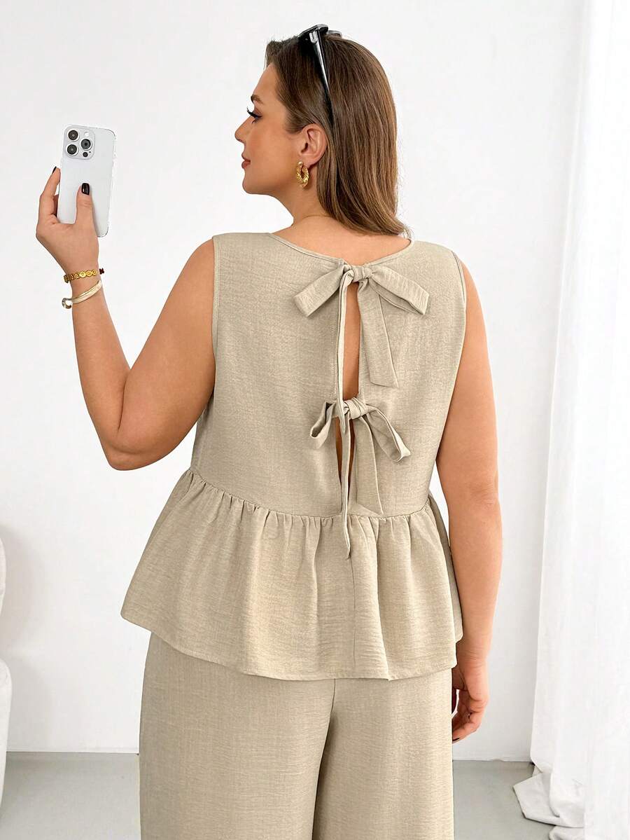 SHEIN Essnce Women's Plus Size Summer Smart Casual Khaki Two Piece Set,Everyday Back Bow Tie Top And Wide-Leg Pants,Fashion Loose Comfortable Vacation Outfits - Apricot - View 1