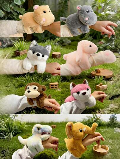 POKOJA LAND 可爱动物毛绒玩具套装，包含大象、兔子、猴子、哈士奇、狐狸等。配有拍拍手环，创意设计，可佩戴在手腕上，是送给朋友的新颖生日礼物和节日礼物，趣味十足的毛绒动物收藏品。