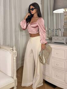 Ronhire Women's Solid Color Puff Sleeve Tie Back Cropped Casual Top - Pink - View 3