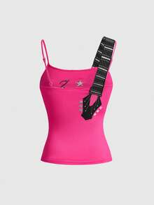ROMWE Grunge Punk Women's Casual Versatile Daily Wear Musical Note Pattern Camisole Top - Pink - View 2