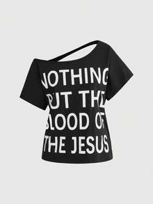 ROMWE Grunge Punk Y2K Punk Slogan Print Hollow Back Loose T-Shirt, Solid Color Versatile Women's T-Shirt - Black - View 2