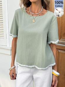 SHEIN LUNE 100%纯棉蕾丝边休闲女式衬衫，适合度假、夏季外出、沙滩穿着，绿色，夏季纯棉上衣 - 綠色 - 查看 5