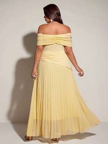 Viva Relle 大码女士优雅浪漫修身露肩弹力连衣裙，春夏款 - 黃色 - 查看 2