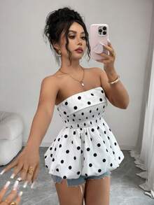 SHEIN Elenzya 女士春夏优雅时尚黑白大波点修身无袖无肩带上衣，灯笼裙摆，时尚百搭，适合通勤、外出、聚会等场合。 - 黑與白 - 查看 1