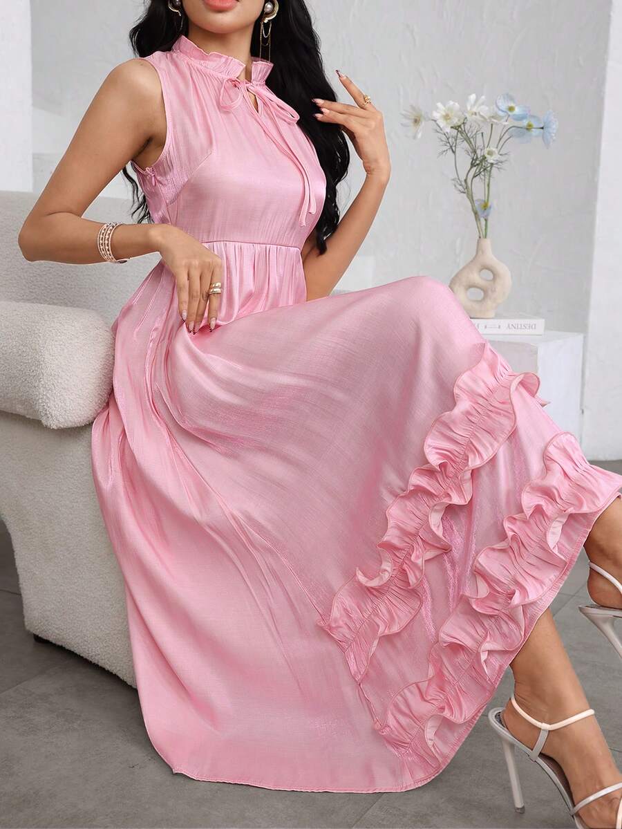 Modelyn Women's French Style Pink Satin Stand Collar Tie-Waist Double Ruffle Hem Sleeveless Dress - Pink - View 1