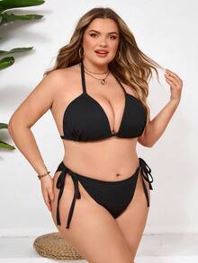 SHEIN CURVE+ Plus Size Women Black Side Drawstring Design Beach Vacation Bikini Set - Black - View 6