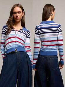 Nöista Cárdigan a rayas, cuello polo, cierre de botones, azul, blanco y burdeos. Primavera, verano, mujer. - Multicolor - Ver 1