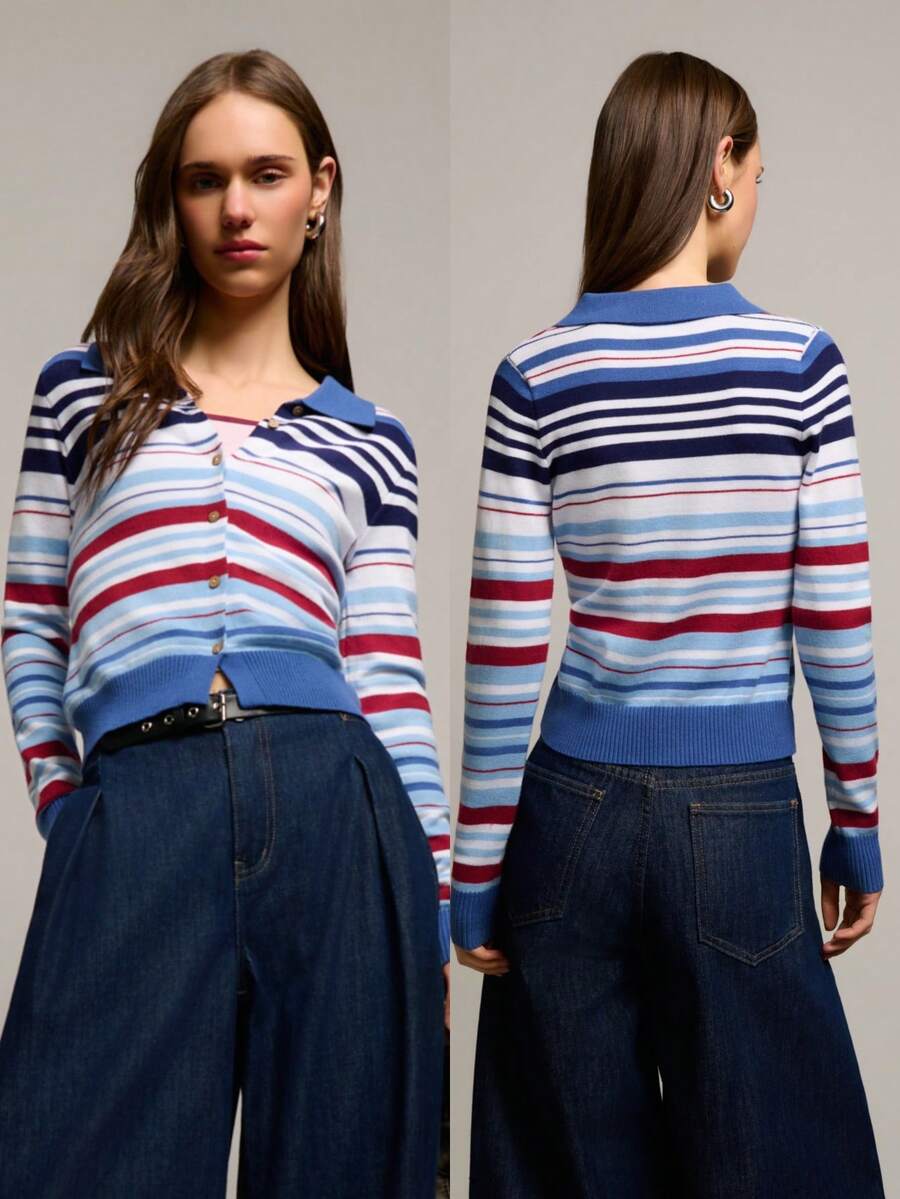 Nöista Cárdigan a rayas, cuello polo, cierre de botones, azul, blanco y burdeos. Primavera, verano, mujer. - Multicolor - Ver 1