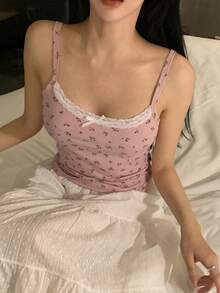 DAZY 女士花卉蕾丝吊带背心，网纱胸部设计，夏季款 - 玫瑰紅 - 查看 4