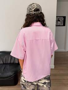 SHEIN EZwear Women Light Pink Striped Graphic Letter Print Woven Dropped Shoulder Short Sleeve Summer Button Up Shirt,Streetwear City Break Loose Casual Blouse - Pink - View 2