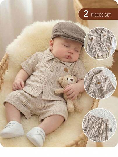 SHEIN Newborn Baby Boy Cute Casual Knit Jacquard Short Sleeve Shirt & Elastic Waist Shorts Set   2pcs Newborn Baby Boy Summer Casual Solid Color Shirt And Shorts Set, Suitable For Birthday Party, Evening Party, Performance, Wedding, Baby Shower, Wedding Guest, Pageboy, Ring Bearer