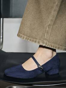 女式 3 厘米布面高跟时尚百搭白色玛丽珍粗跟平底鞋，适合所有季节 - 藏蓝色 - 查看 2