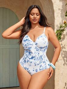 SHEIN Swim Plus Size Women Floral Print Spaghetti Strap One-Piece Swimsuit With Matching Cover-Up Skirt - Multicolor - View 3