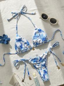 Swim Vcay Bộ bikini nữ gồm dây chuyền in họa tiết ngẫu nhiên, trang sức kim loại, thích hợp cho mùa xuân/hè. - Nhiều màu - Xem 3
