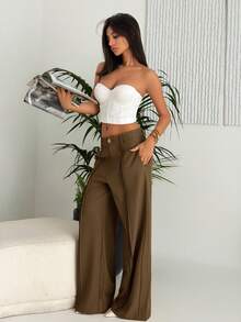 Ronhire Elegant & Chic Brown Wide Leg Pants With Pleated Leg Design, Suitable For Fall/Autumn - Rust Brown - View 3
