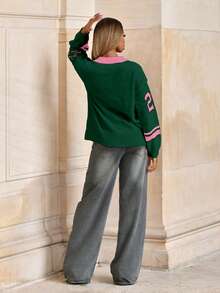 Mima John 情人节 V 领黑白心形印花套头衫，秋冬女士简约时尚休闲日常穿着 - 綠色 - 查看 2