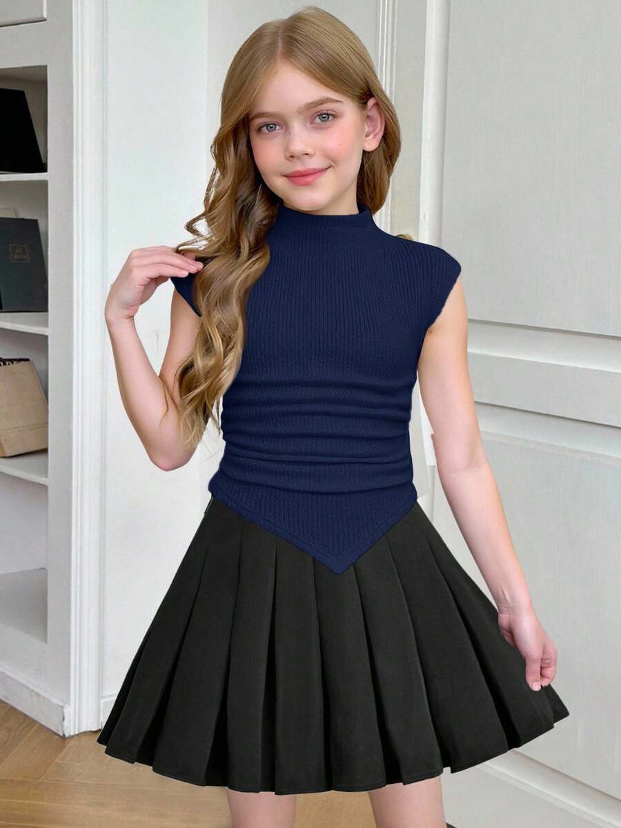 SHEIN Serisse Kids 少女休闲针织修身漏斗领褶皱不对称下摆短袖上衣，适合春夏返校季，可与妈妈亲子装搭配 - 藏蓝色 - 查看 1