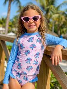 SHEIN 女童卡通印花长袖泳衣套装 - 藍色 - 查看 3