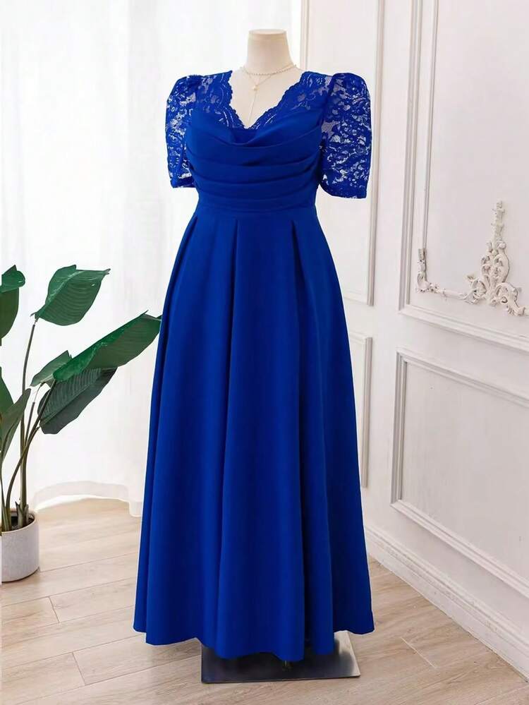 SHEIN Clasi Vestido maxi elegante y romántico de talla grande para mujer, con cuello en V azul marino, encaje, cintura acampanada y línea A, vestido fluido, vestido de cóctel para mujer, vestido de gala para eventos formales - Azul - Añade 3