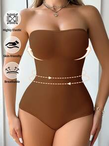 1pc Women's Seamless Shapewear Bodysuit, Slip-Resistant Bandeau Style, Waist & Abdomen Shaping - Coffee Brown - View 6