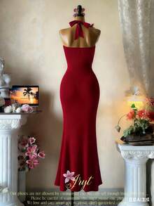 Lyxana Women's Solid Color Fishtail Hem Fitted Elegant Dress With Halter Neck - Red - View 2