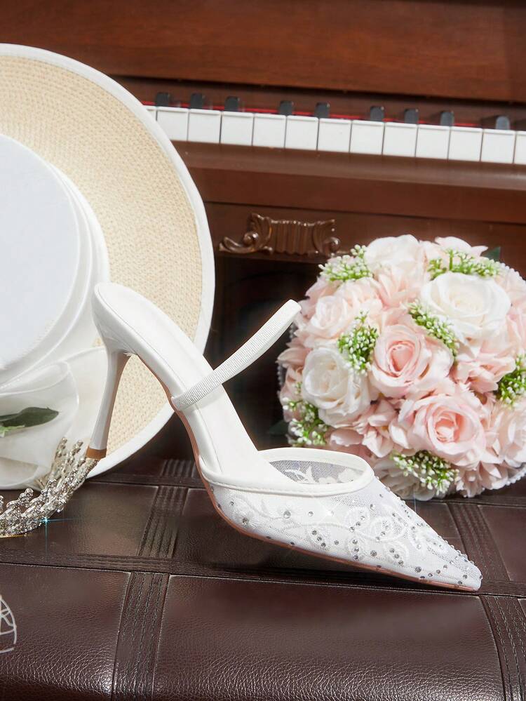 CUCCOO HITCHD Pointed Breathable Mesh Embroidery Rhinestone Hollow Fashion Elegant Versatile Sexy Fairy Banquet White High Heels Wedding Shoes Spring Shoes Bride Shoes