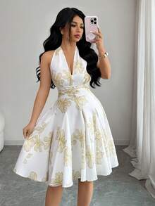 Elenzga 女士优雅无袖露背纯色花卉刺绣镂空拼接A字迷你连衣裙，适合约会、正式场合、度假、摄影、休闲外出等场合。 - 彩色 - 查看 1