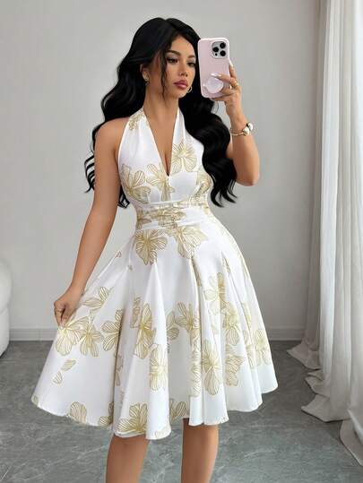 Elenzga 女士优雅无袖露背纯色花卉刺绣镂空拼接A字迷你连衣裙，适合约会、正式场合、度假、摄影、休闲外出等场合。