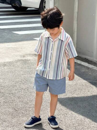 Young Boys' Casual Apricot Polo Collar Short Sleeve Cardigan Shirt And Elastic Waist Shorts Set, Textured Jacquard Fabric, Suitable For Home, Outings, School, Travel And Vacation