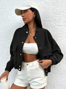 EURMUSE Women's Short Woolen Baseball Collar Jacket - Black - View 4