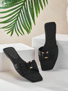 SHUZIA 魅力女士黑色方头套脚凉鞋，性感可爱，适合春夏假日、情人节度假穿着 - 黑色 - 查看 8