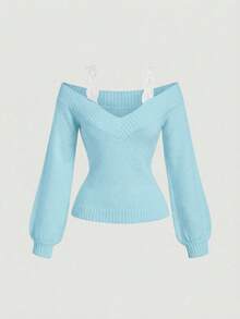 SHEIN MOD Áo len nữ màu xám phối ren đen 2 trong 1, thích hợp cho mùa thu/đông. - Màu xanh bạc hà - Xem 6