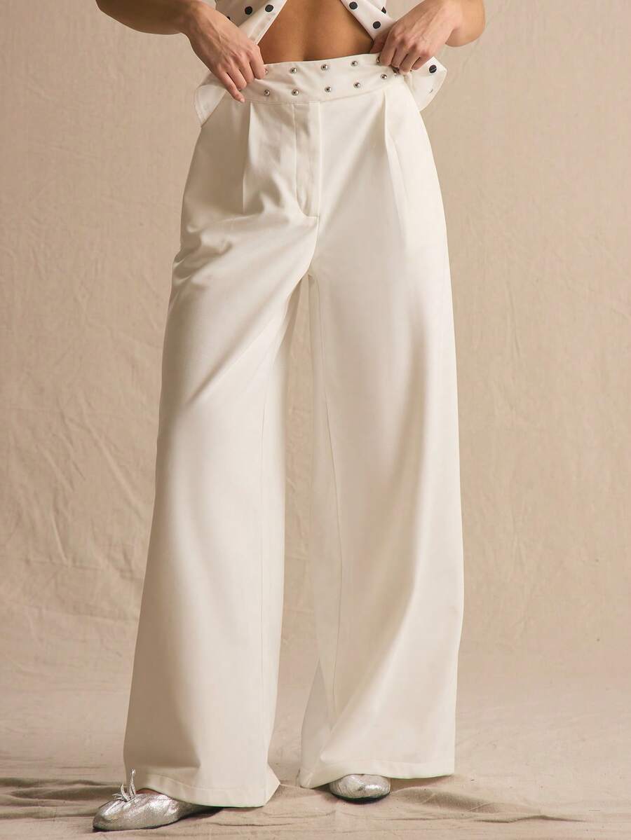 MUSERA 低腰阔腿铆钉裤 春夏舒适可爱日常少女度假春季穿搭休闲复活节 Casa De Muse - 白色 - 查看 1