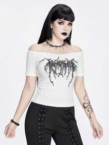 ROMWE Goth Camiseta de hombros descubiertos con estampado gráfico - Blanco - Ver 6