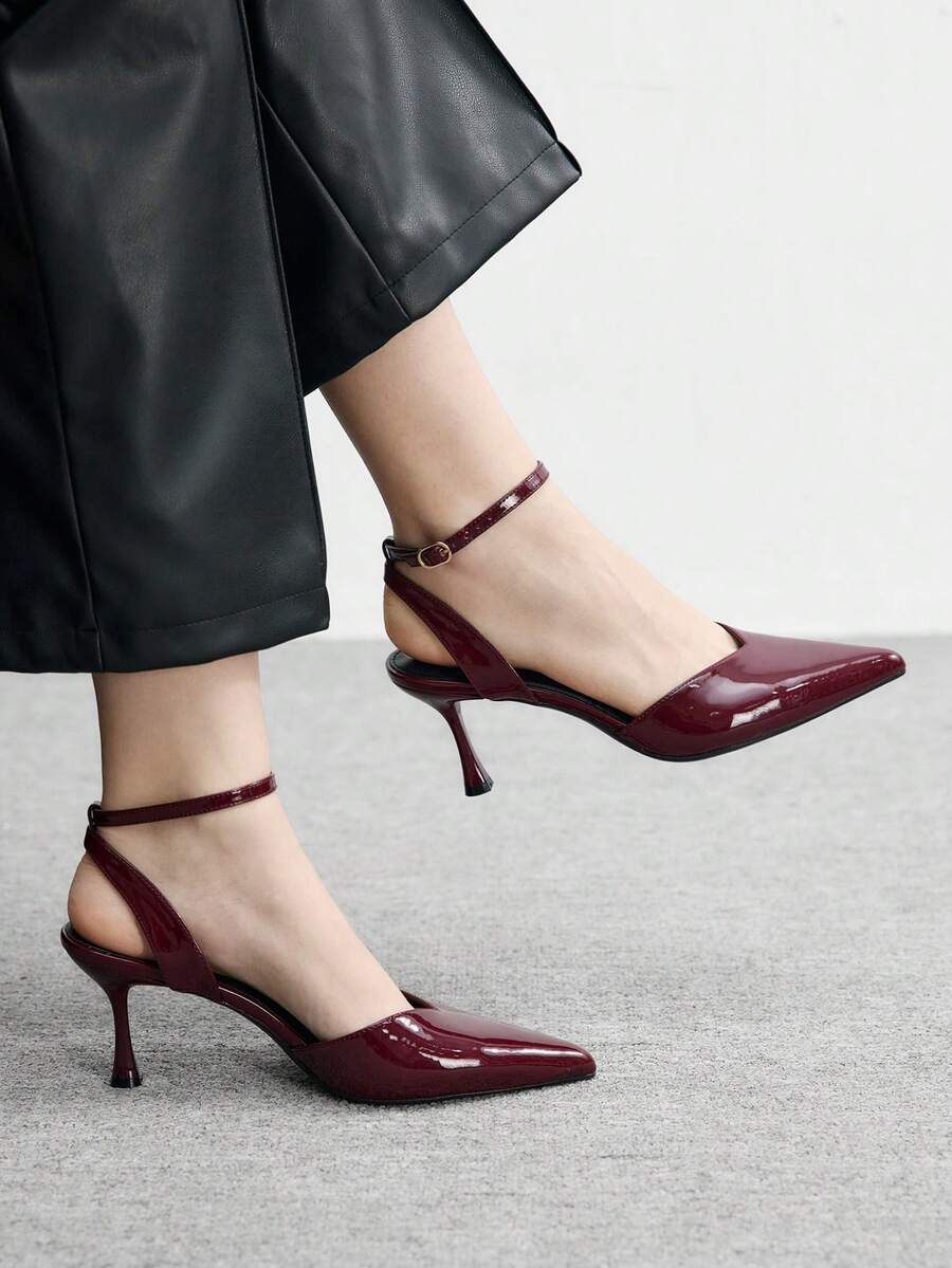 CUCCOO BIZCHIC 女士酒红色尖头简约精致黑色通勤办公商务细高跟凉鞋 - 酒紅色 - 查看 1
