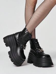 ROMWE Goth Women Heeled Sandals~ 2026 New Fashion Spring And Autumn Punk Style Dark PU Round Toe Wedge Heel Platform Riding Boots British Style Lace-Up Butterfly Buckle Muffin Locomotive Boots Versatile Height-Increasing Ankle Boots Women - Black - View 1