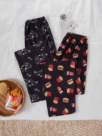 2pcs Teen Boys Pajama Bottoms, Minimalist Fashion Classic Pizza, Burger, Fries Print, Comfortable Lounge Pants Boys Pajama Pants Boys Nightwear
